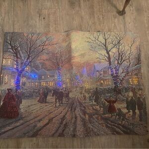 Thomas Kinkade Fiber Optic Wall Tapestry Victorian Xmas Carol Hometown Memories